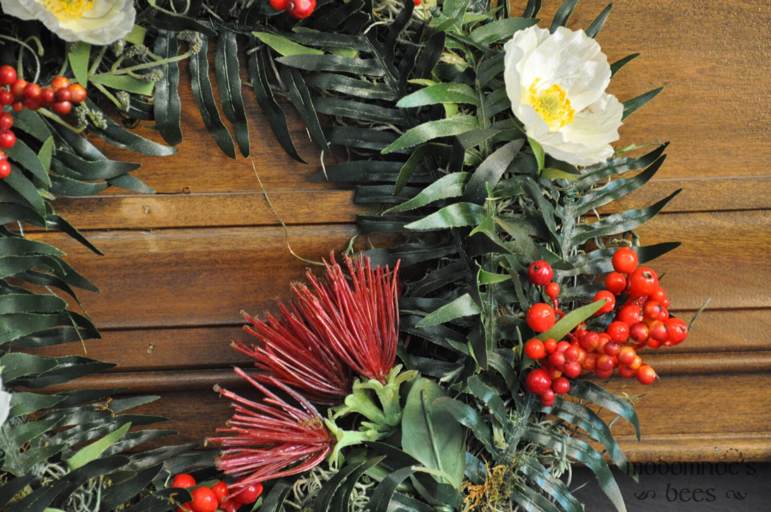 Large New Zealand Christmas Wreath Featuring Pohutukawa, Silver Fern, Karamu Berries, Swamp 