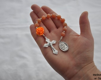 St. Rose of Lima Patron Saint of Gardeners and Florists 1-Decade Rosary With Orange Rose Bead, Orange Calcite Beads, and Grape Crucifix