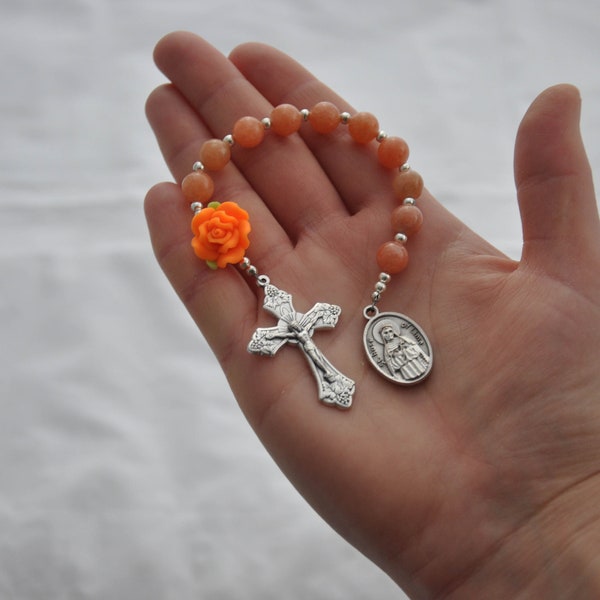 St. Rose of Lima Patron Saint of Gardeners and Florists 1-Decade Rosary With Orange Rose Bead, Orange Calcite Beads, and Grape Crucifix