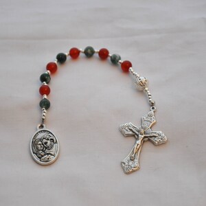 Red & Green Holy Family Christmas Rosary With Carnelia and Moss Agate Beads and Silver Ornament Bead