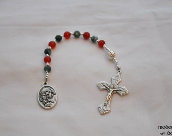 Red & Green Holy Family Christmas Rosary With Carnelia and Moss Agate Beads and Silver Ornament Bead