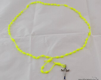 Bright Yellow Knotted Twine Rosary with Blue Crucifix