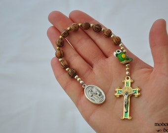 St. Francis Patron Saint of Animals 1-Decade Rosary With Green Parrot Bead, Palm Wood Beads, and Green St. Benedict Crucifix