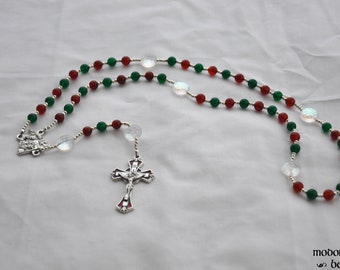 Christmas Rosary With Red and Green Beads, Snowflake Beads, and Holy Family Nativity Centerpiece