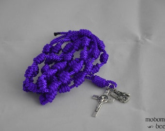 Purple Knotted Twine Rosary Featuring a St. Benedict Crucifix and a St. Joan of Arc Patron Saint Figure Medal