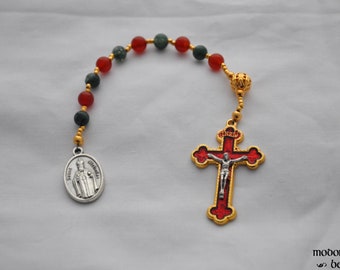 Red & Green St. Nicholas Christmas Rosary With Carnelian and Moss Agate Beads and Gold Ornament Bead