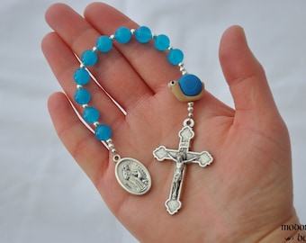 Cute 1-Decade Kids' Rosary for St. Francis Patron Saint of Animals With Snail Bead and Blue Marble Beads