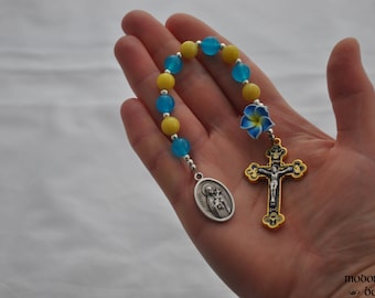 St. Therese of Lisieux Patron Saint of Gardening and Florists 1-Decade Rosary With Blue Plumeria Bead and Yellow and Blue Marble Beads