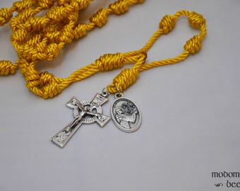 St. Modomnoc Knotted Twine Rosary: Unique Golden Yellow St. Modomnoc Bee Patron Saint Knotted Twine Rosary with a Celtic Irish Crucifix