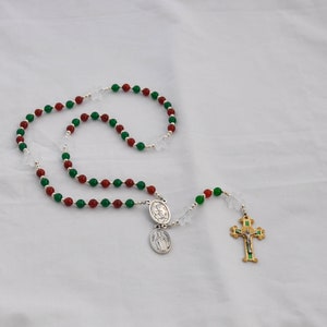 Christmas Rosary: Red & Green Beads, Snowflake Accents, Holy Family Centerpiece, St. Nicholas Medal