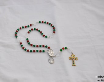 Christmas Rosary With Snowflake, Red & Green Beads, Holy Family/St. Joseph Centerpiece, and St. Nicholas Medal