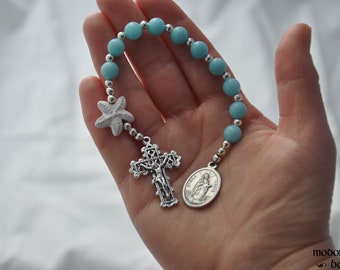Our Lady Star of the Sea One-Decade Rosary With White Starfish Bead and Blue Dyed Marble