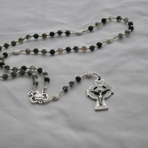 Irish St. Patrick Rosary With Moss Agate, Shamrock Centerpiece, and Celtic Crucifix