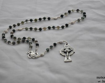 Irish St. Patrick Rosary With Moss Agate, Shamrock Centerpiece, and Celtic Crucifix