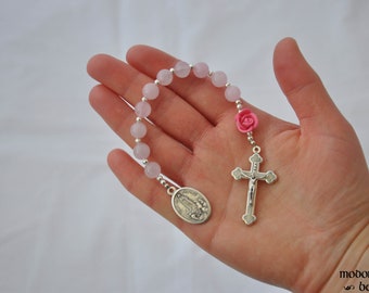 Our Lady of Fatima One-Decade Rosary With Pink Rose Bead, Rose Quartz, and White Crucifix