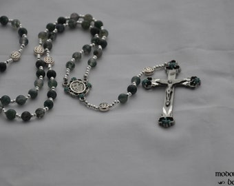 St. Patrick Moss Agate Rosary With Celtic Knot Beads and Green Shamrock Centerpiece and Crucifix