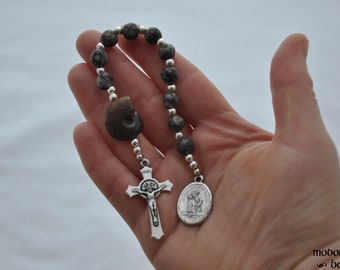 Unique "Prehistoric" St. Francis One-Decade Rosary With Ammonite Our Father Bead and Fossil Agate Beads