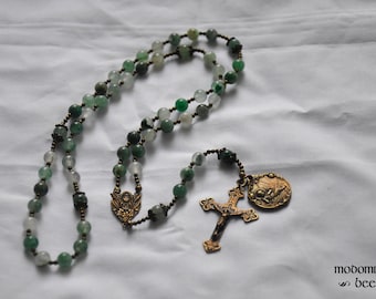 Moss Agate and Bronze Rosary With Eucharist Centerpiece and Infant Jesus Medal