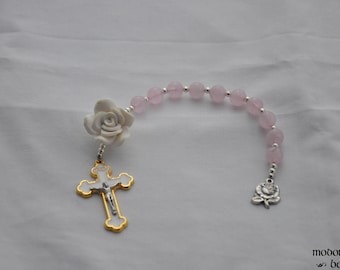 Lovely One-Decade Rosary With White Rose Bead, Rose Quartz Beads, and Fatima Rose Medal