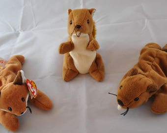 Woodland Beanie Baby Set: Vintage Ty 1996 Sly the Fox, 1995 Bucky the Beaver, &  1996 Nuts the Squirrel