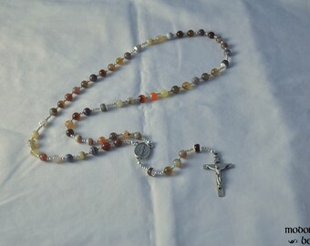 Colorful Bostwana Agate Rosary With Miraculous Medal Centerpiece and Pewter Crucifix