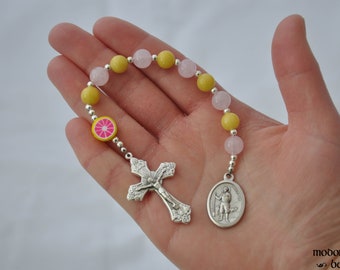 St. Isidore Patron Saint of Agriculture and Farming One-Decade Rosary With Grapefruit Bead, Pink and Yellow Beads, and Grape Crucifix