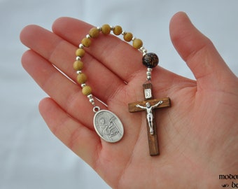 One-Decade St. Aloysius Patron Saint of AIDS Sufferers With Mahogany and Acai Nut Beads and Wood Crucifix