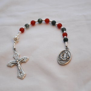 Red & Green Christmas Rosary With Carnelian and Moss Agate Beads, Silver Ornament Bead, and Nativity Medal