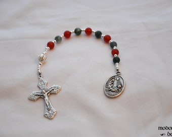 Red & Green Christmas Rosary With Carnelian and Moss Agate Beads, Silver Ornament Bead, and Nativity Medal