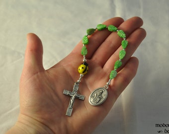 Fun One-Decade St. Francis/St. Anthony Kids' Rosary With Yellow Ladybug Our Father Bead and Green Leaf Beads