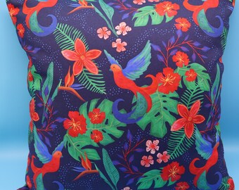 Birds of Paradise Cushion Cover: Navy Blue & Red Floral - 16in/40cm