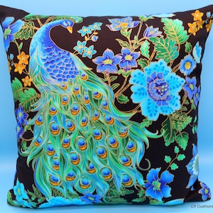 Blue Peacock Cushion Cover, 16 inch, 40cm, Peacock Lover Gift