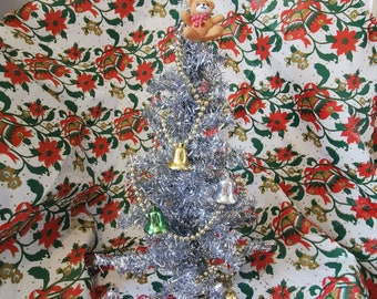 Vintage silver tinsel Christmas tree bundle with decorations from 1950s-1990s. 25 inch Xmas tree and ornament set. Vintage Christmas decor.