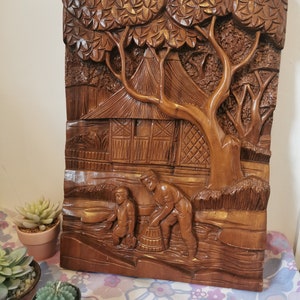 Vintage Asian Carved wood Panel, wall decor. Balinese Hard Carved Relief 3D decorative wooden folk art. South Asia wood art home decor gift.
