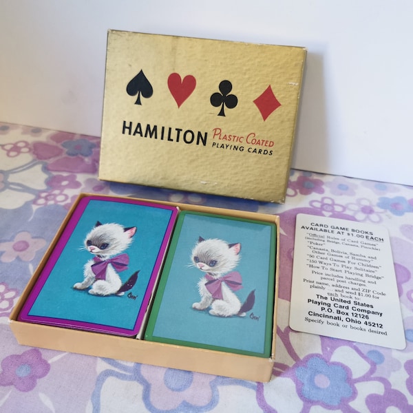 Vintage midcentury Hamilton Plastic coated playing cards. Kitsch cute cat design playing card boxed double set of 2. Vintage American cards.