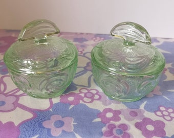Uranium glass pressed glass decor. green glass Bagley Glass Rutland pattern 3078 pair of art deco candlestick holders depression glass