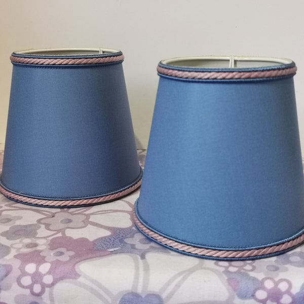 Vintage pair of small blue and pink clip on lamp shades. Set of 2 chandelier shades. Vintage tapered barrel mini lamp shades. Home decor.