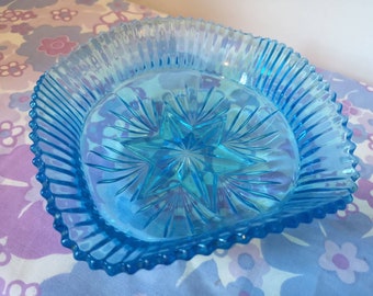 Vintage 1930s Sowerby glass bowl. Stunning aqua blue pressed glass dish. Vintage turquoise glass bowl. Vintage colourful home decor gift.