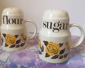 Vintage 1960s Crown Devon Flour Sifter and Sugar sifter. Sold as pair or separately. Ceramic shakers, yellow rose pattern. Midcentury baking