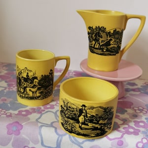 Vintage Portmeirion Pottery County Life Trio. Rare Yellow portmeirion Stoke-on-Trent Milk jug/creamer, sugar bowl and cup. S Williams-Ellis.