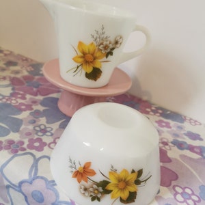 Vintage jaj pyrex Autumn glory milk jug and sugar bowl set.