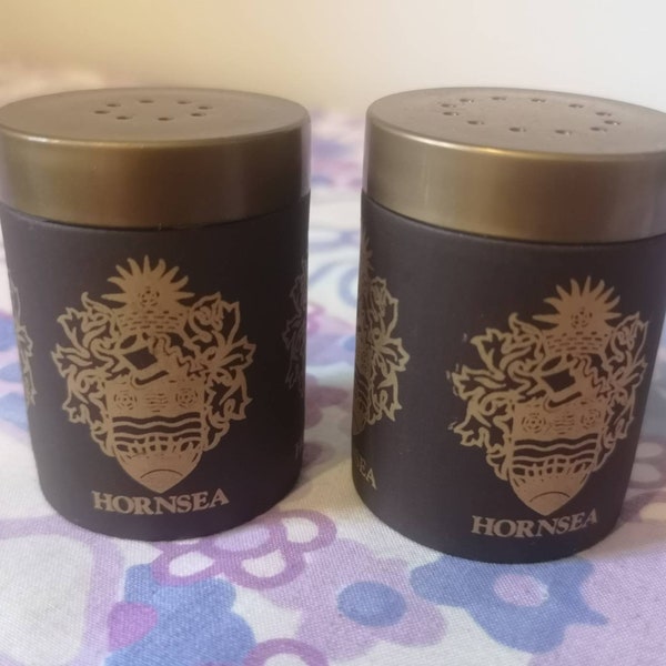 Vintage Hornsea Lancaster Vitramic salt and pepper pots. Vintage Hornsea pottery cruet set. Vintage Hornsea coat of arms. Hornsea crest set.