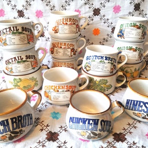 Vintage soup mugs, handled soup bowls. PRICE FOR 1. Various designs,chicken, Mushroom, onion,oxtail, tomato, celery. 1980s retro home gift.