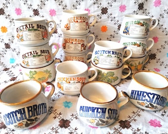 Vintage soup mugs, handled soup bowls. PRICE FOR 1. Various designs,chicken, Mushroom, onion,oxtail, tomato, celery. 1980s retro home gift.