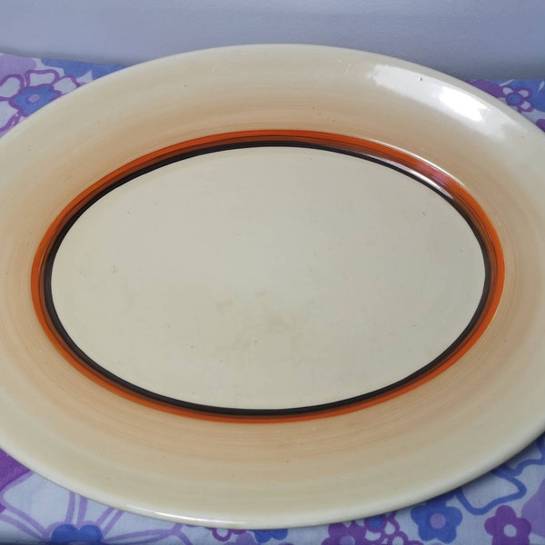 Early Clarice cliff bizarre handpainted meat plate, serving platter. 1930s hand painted clarice cliff newport pottery large oval plate. Vtg.