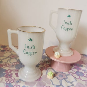Vintage Milk Glass Irish Coffee Mug pair. Set of 2 white glass Irish liquor mugs. Gold gilt trim, Shamrock, St Patrick&#39;s Day party gift.