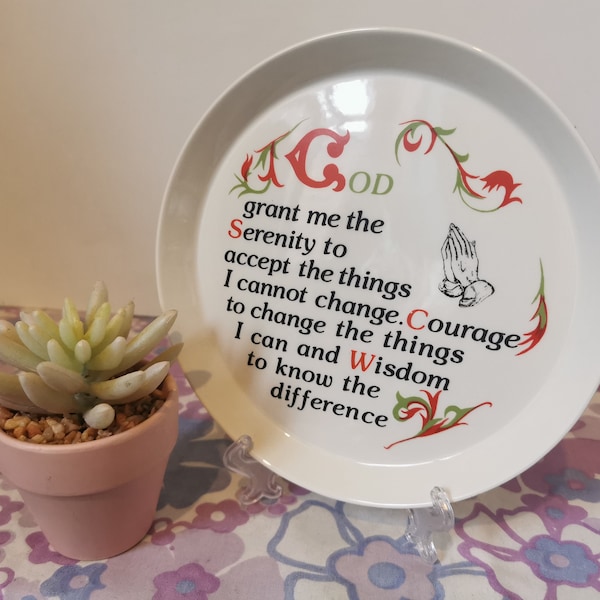 Vintage Ceramic Serenity Poem, Prayer Plate. 1970s courage, wisdom, forgiveness wall hanging, wall decor. Vintage religious home decor gift.