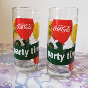 Vintage retro style Coca-Cola drinking glasses. Set of 2 glass coca cola party time tumblers. Glass coke glasses. Collectable cola pair gift