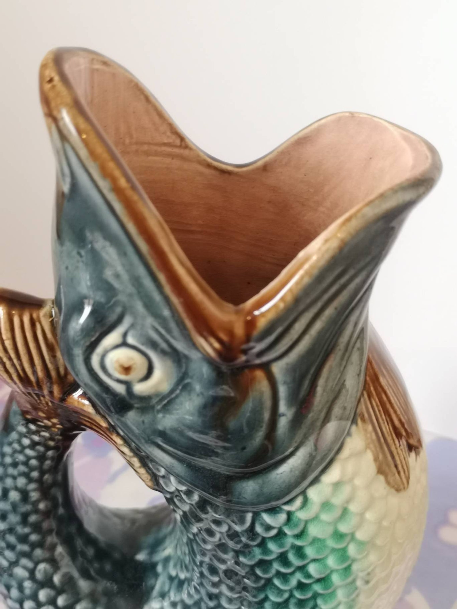 Antique earthenware majolica gurgling fish pitcher jug vase. Etsy
