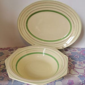 Vintage Clarice Cliff Newport Pottery Green and gold banded serving Platter & bowl pair. Art deco style tableware, vintage China home decor.